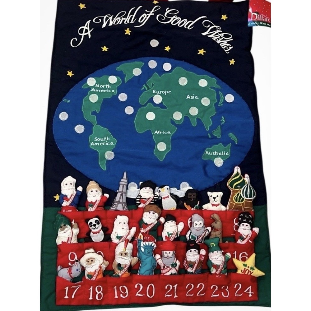 VTG Advent Calendar A World of good Wishes embroidery pocket Cloth 3D Plush NEW